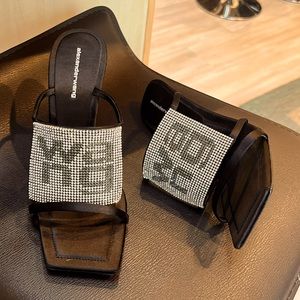 Alexander Wang Julie High Heel Slides Rhinestone Logo Heels Square